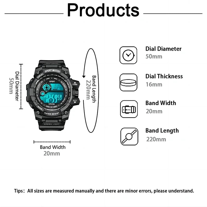 YIKAZE Men's Sport Watch Stopwatch Count Down Multifuction Men Digital Watches Waterproof Outdoor Military Clock Gift Watch