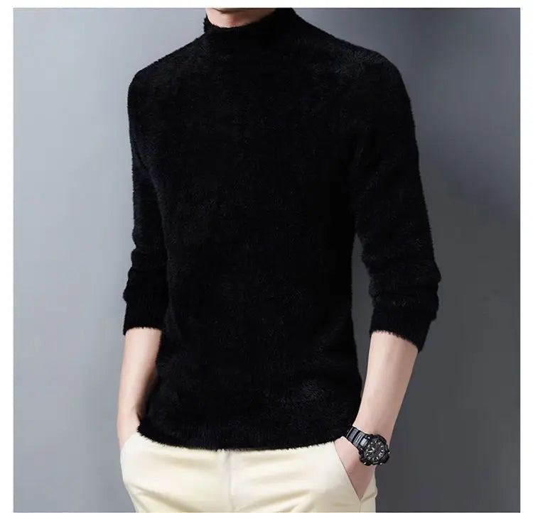 New Pullover Men Sweater Soft Warm Long Sleeve Mock Neck Solid Color Fine fleece Sweater Thicken Warm Loose Casual Sweaters