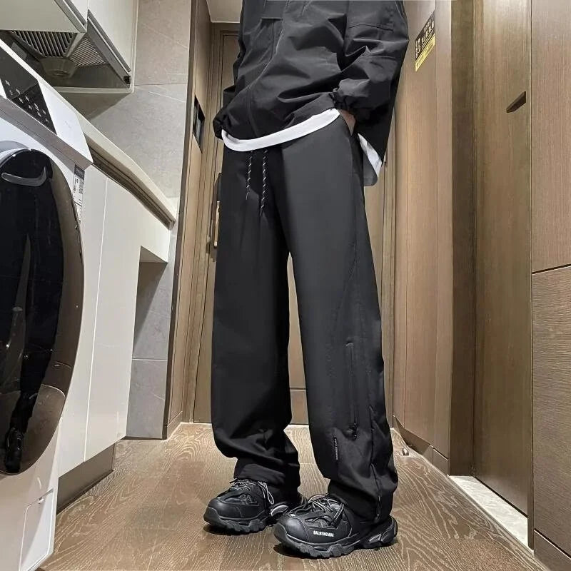 Cargo Pants Men Zipper Oversize Drawstring Casual Water Proof Sweatpants Loose Fit Joggers Solid Cargo Straight Mopping Trousers