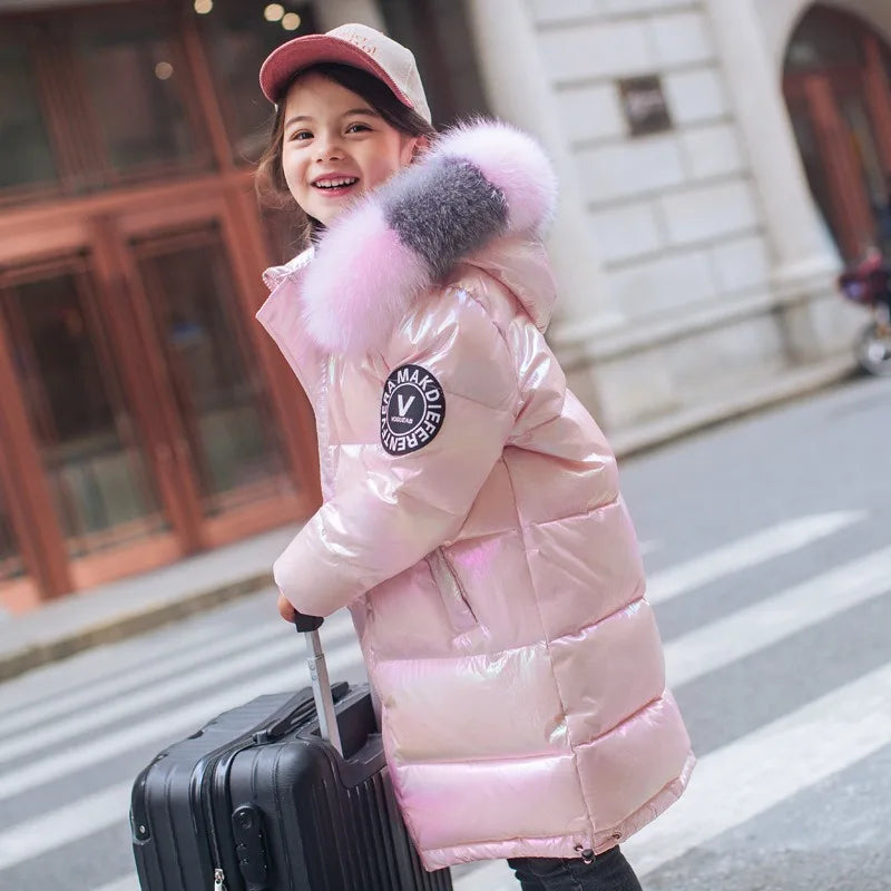 Warm Winter Jacket For Girls Coat Fashion Waterproof Shiny Hooded Children Outerwear Clothing 5-14 Years Teenage Kids Parka