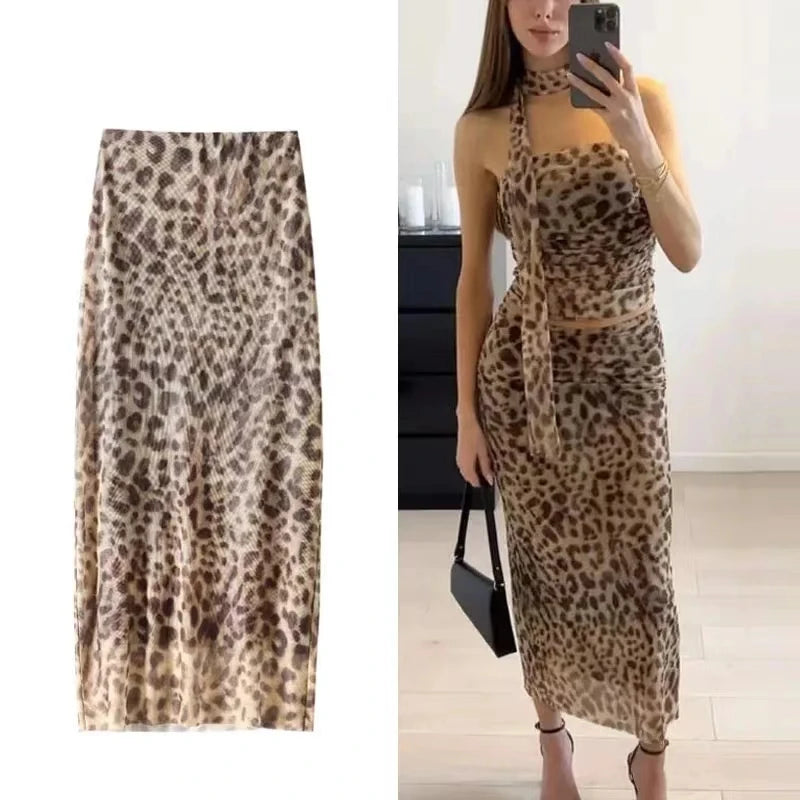 Leopard Print Tulle Skirt Woman Vintage High Waist Long Skirts For Women Summer Mesh Midi Skirt Elegant Women's Skirts