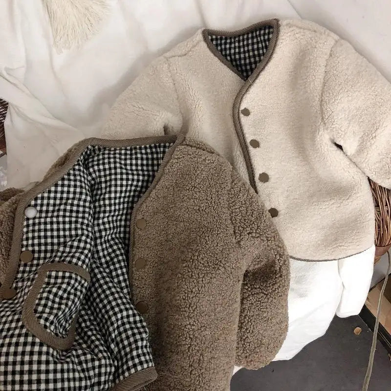 New Children's Plaid Plush Coat Autumn and Winter New Warm Coat Children on Both Sides Wear Coat Boy's and Girls' Clothing