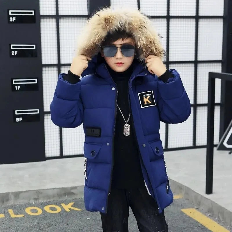 Boys Long Jacket Coat Overcoat Cotton 2024 Blue Black Khaki Warm Thicken Winter Plus Size Children's Clothing