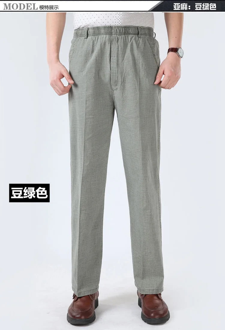 Mens Cotton Linen Long Pants Summer Elastic Waist Trousers Solid Breathable High Waist Loose Leisure Resort Thin Straight Pants