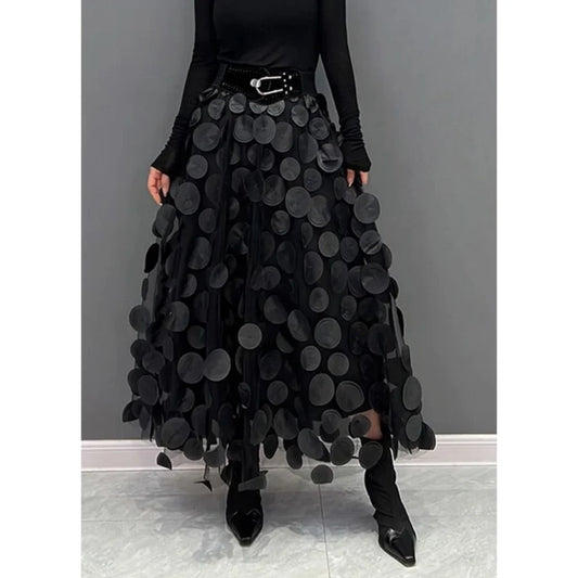 Women Polka Dot 3D Design Tulle Mesh Skirt Vintage Elastic Waist Long A-line Tutu Skirt