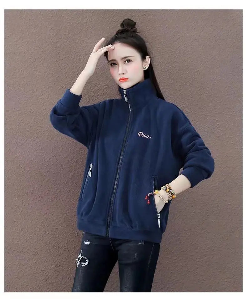 Autumn Winter Double Sided Polar Fleece Warm Coat Women Zipper Outdoor Running Sports Cardigan Warm Printing Letter Sweatshirt