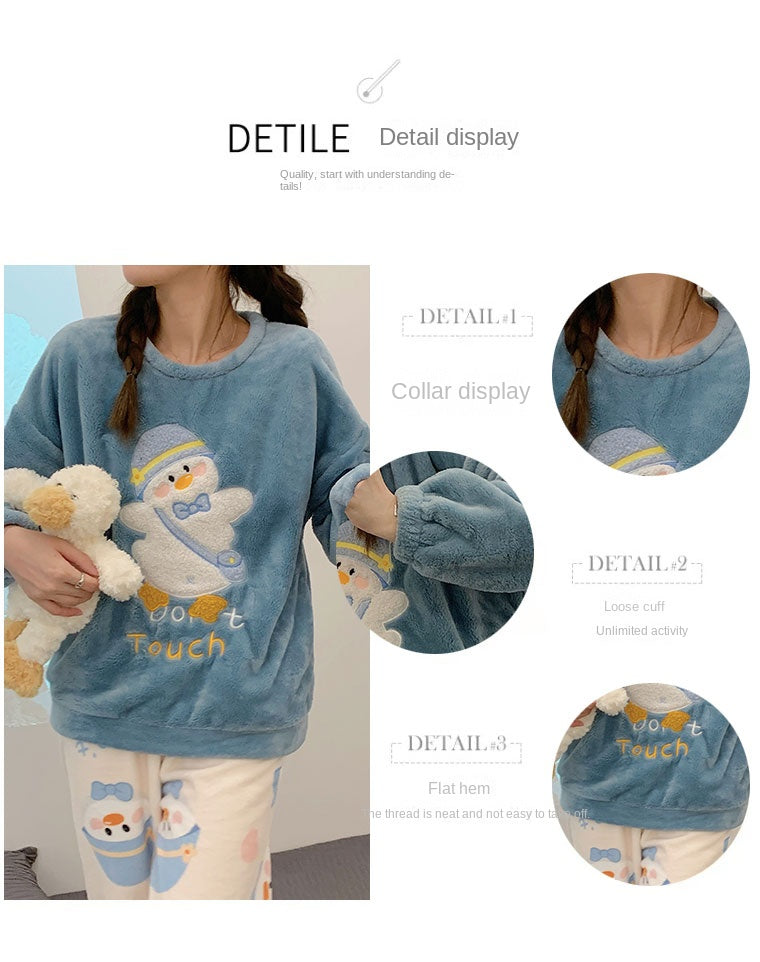 Autumn Winter Women's Pajamas Cute Cartoon Printed Sleepwear Casual Home Wear Set Girl Knitted Size M-3XL Pijamas Fashion Pyjama