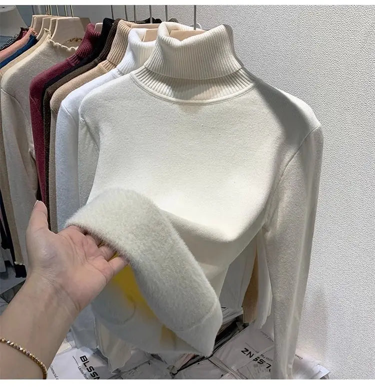 Turtleneck Plush Fleece Sweater Women Winter Fashion Elastic Thicken Pullovers Warm Casual Basic Solid Bottoming Sweater