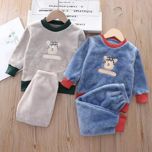 Autumn Winter Clothes Warm Kids Loungewear Suit Baby Girls Boys Velvet Cartoon Tops+Pant Children Homewear Set 1-6Years Kids Set