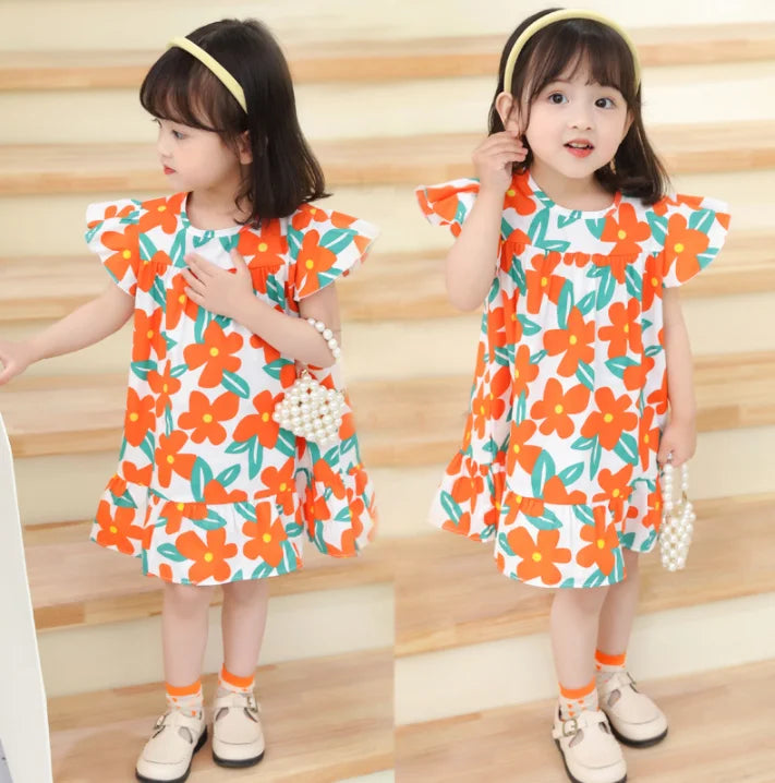 Girl Dresses100% Cotton Children's Clothing Summer Kids Clothes Girls Party Princess Fashion Outfit Flower Pattern Beach Dresses