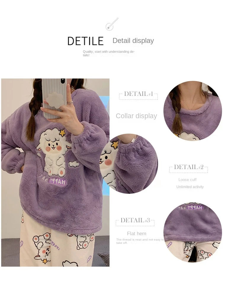 Autumn Winter Women's Pajamas Cute Cartoon Printed Sleepwear Casual Home Wear Set Girl Knitted Size M-3XL Pijamas Fashion Pyjama