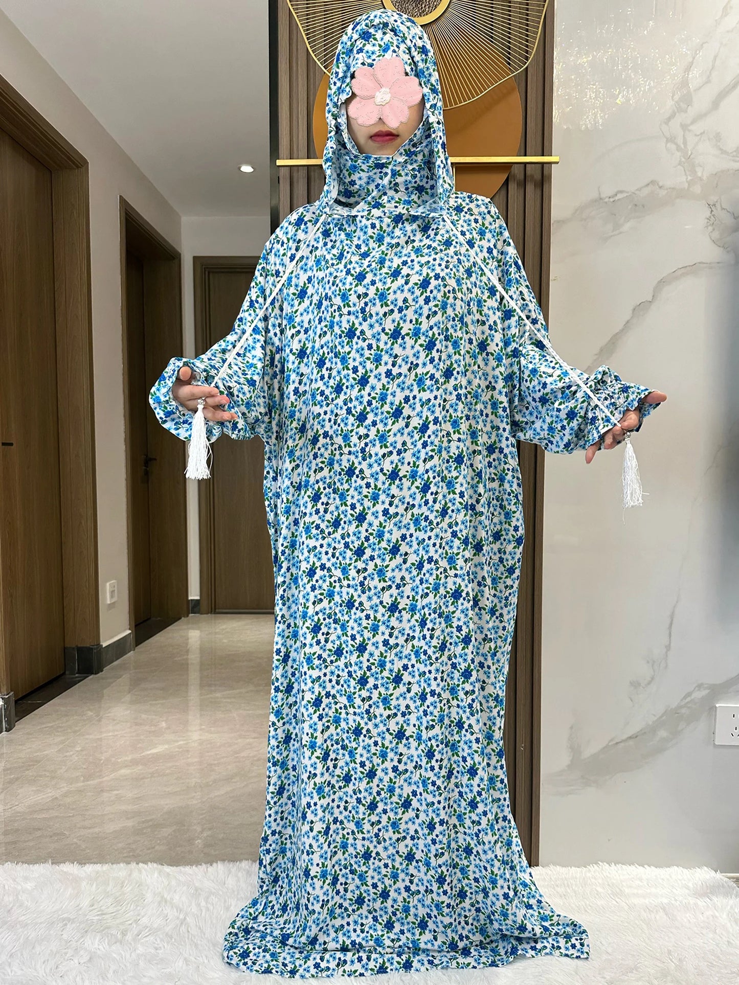 New Ramadan Muslim Two Hats Abaya Dubai Turkey Islam Prayer Clothes Floral Cotton Long Dress Islam Women Dress Kaftan