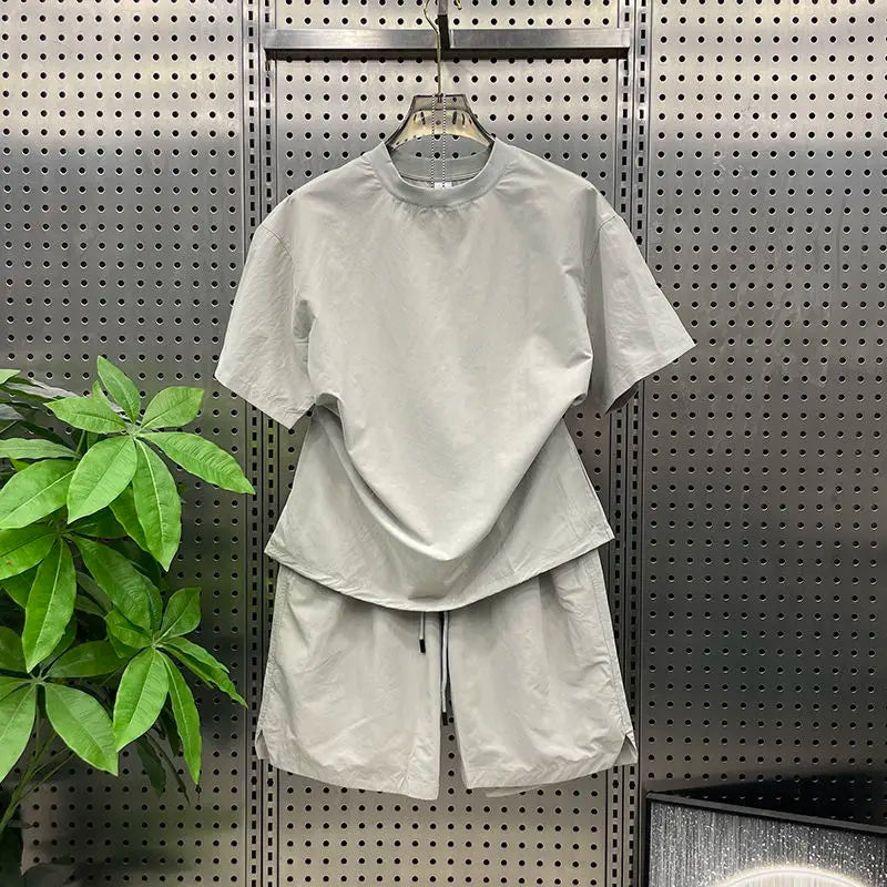 Summer Cargo Style Set Men's Casual Short Sleeve T-shirt Shorts Drawstring Quick Drying Pullover Loose Fashion Two-piece Set