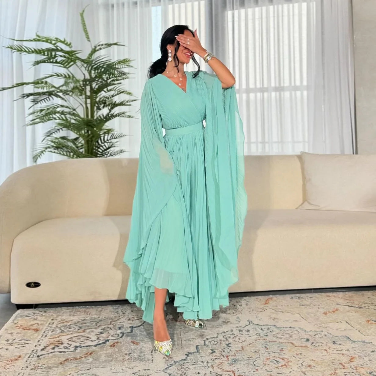 Fashion Chiffon Dress Long Sleeved Large Swing Pleated Dress Elegant Muslim Women Kaftan Clothes Islam Musulmane Femme Vestido