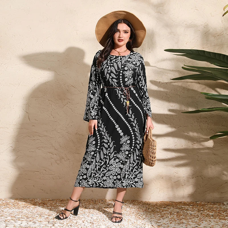 Plus Size Spring Summer Women Dress O-neck Maxi Dresses Floral Pring Robe Long Sleeves Female Sundress Casual Islamic Clothing