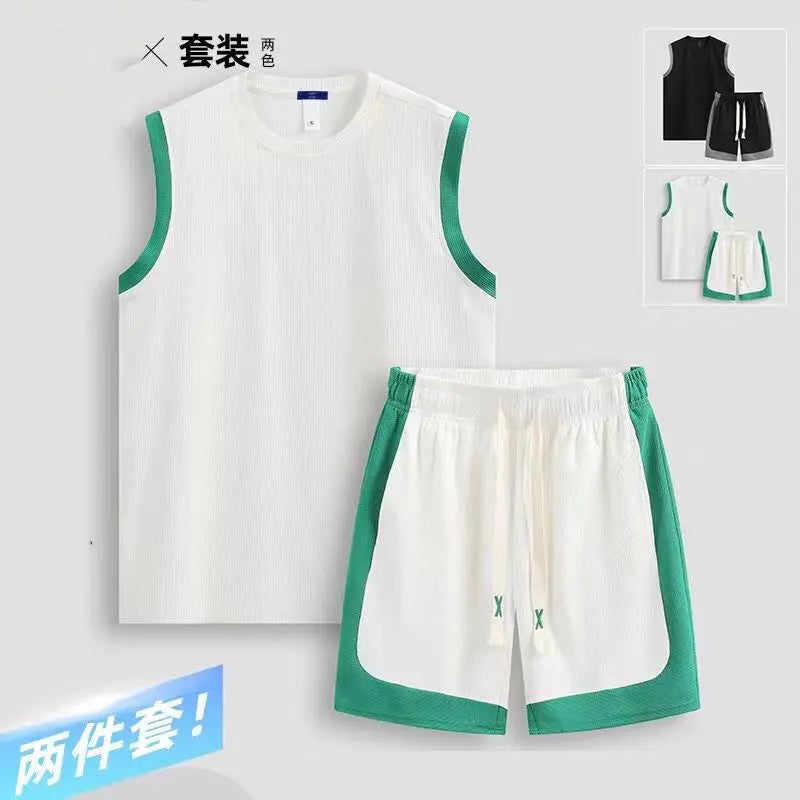 2 pcs Suit Summer Sleeveless Vest Sports Shorts Set Patchwork Casual Basketball Sportwears Breathable Loose Training Shorts Set