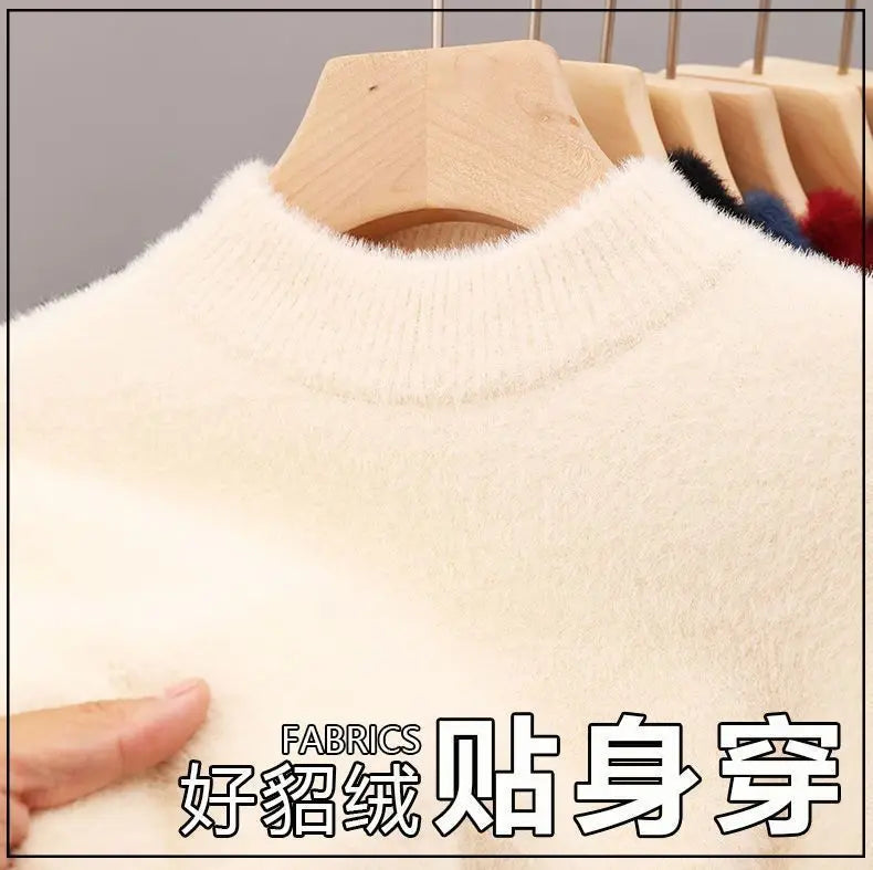 New Pullover Men Sweater Soft Warm Long Sleeve Mock Neck Solid Color Fine fleece Sweater Thicken Warm Loose Casual Sweaters