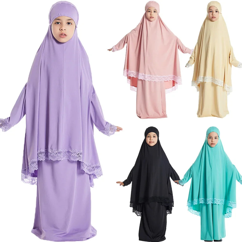 Traditional Muslim Kids Khimar Abaya Dress Islamic Big Hijab Burka Long Skirts Arab Shawls Headscarf Prayer Robe Ethnic Clothing