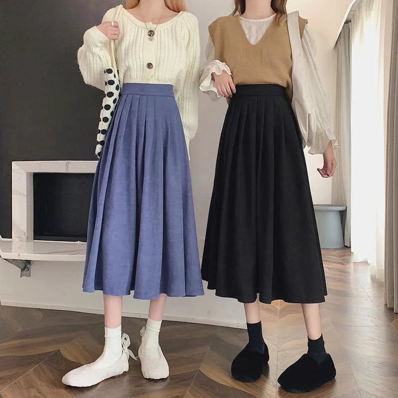 Xpqbb Korean Style Women's Midi Skirt 2022 Autumn High-Waisted Corduroy Long Skirt Women College Style Pleated A-Line Skirts