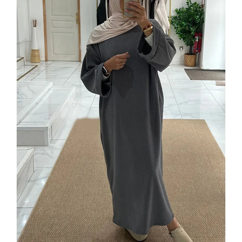 Corduroy Abaya Winter With Side Pocket Thick Warm Ramadan Islamic Clothing High Quality Muslim Women Long Sleeve Modest Dress