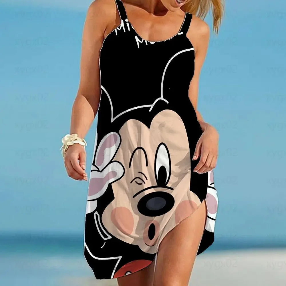 Women's Beach Dresses Disney-Mickey Minnie Dresses for Women 2022 Summer Fashion Sling Print Sexy Skinny Seaside Casual Oversize