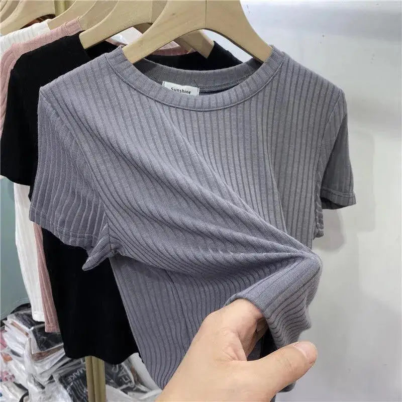 Summer Women Pullover Short Sleeves Bottoming Shirts O-Neck Elastic Slim Thread Fashion Korean T-Shirts Various Colors Available