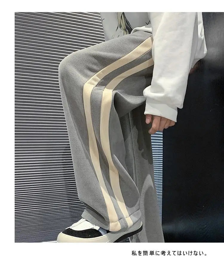 Fleece Thicken Corduroy Wide-leg Pants Men's Harajuku High Street Side Stripes Pants Casual Straight Elastic Waist Sweatpants