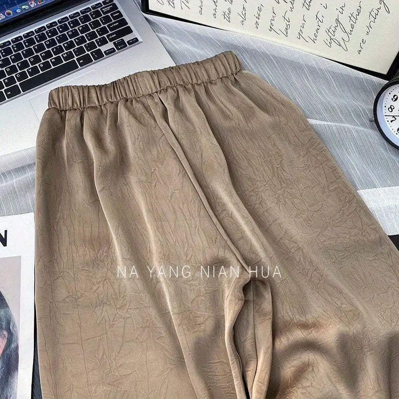 Spring Summer Ice Silk Satin Women's Pants Commuting High Waist Loose Straight Drape Casual Wide Leg Folds Full Length Pants