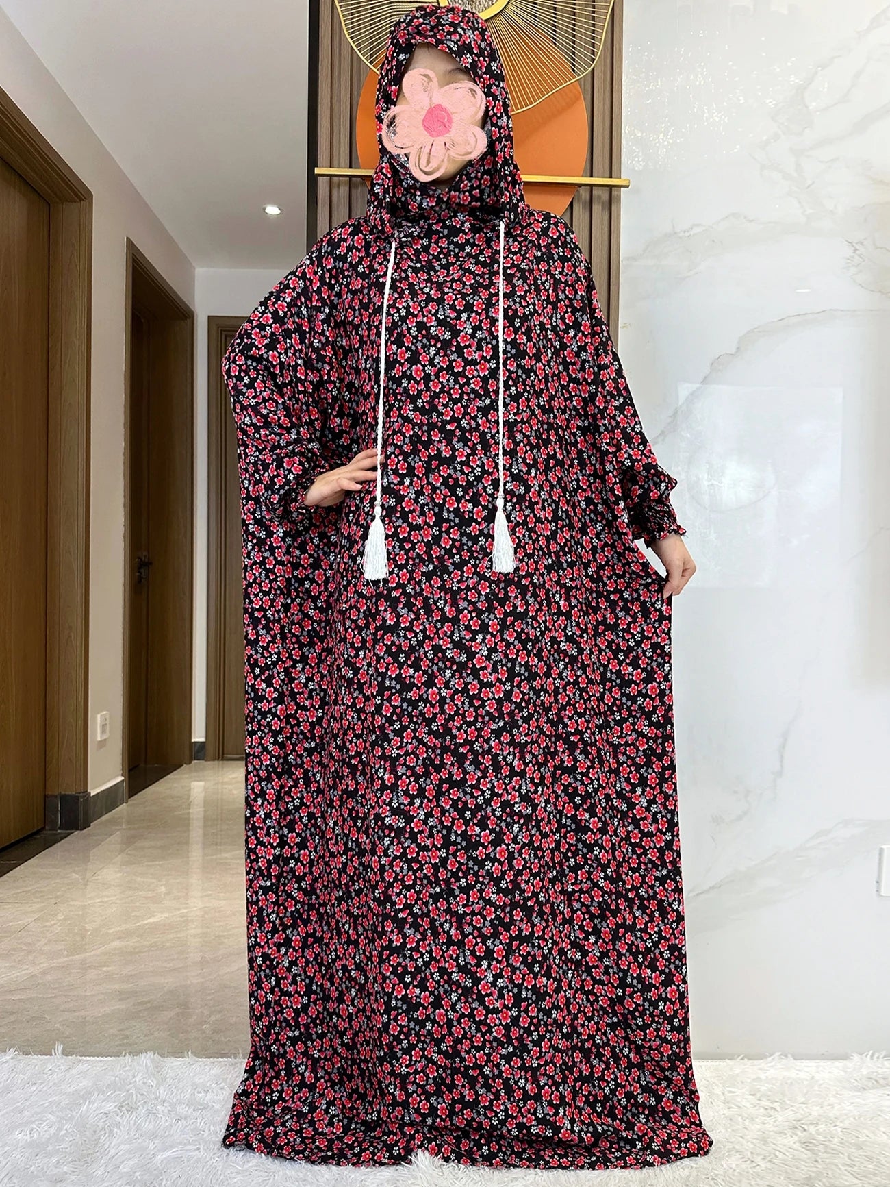 New Ramadan Muslim Two Hats Abaya Dubai Turkey Islam Prayer Clothes Floral Cotton Long Dress Islam Women Dress Kaftan