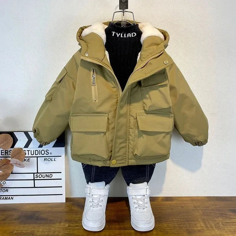 2023 Winter Boys Jacket Children Clothing Keep Warm Cotton Thicken Coats Kids Zipper Hooded Outerwear Plus Velvet Jackets