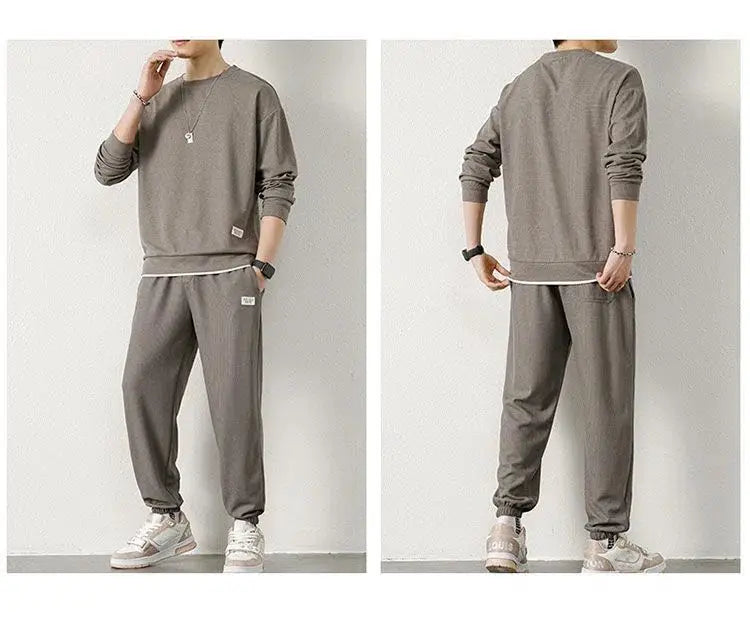 Spring Autumn New Men Waffle Two-Piece Casual Loose Long Sleeve and Pants O Neck Solid Color Pullover+outdoor Running Pants Set