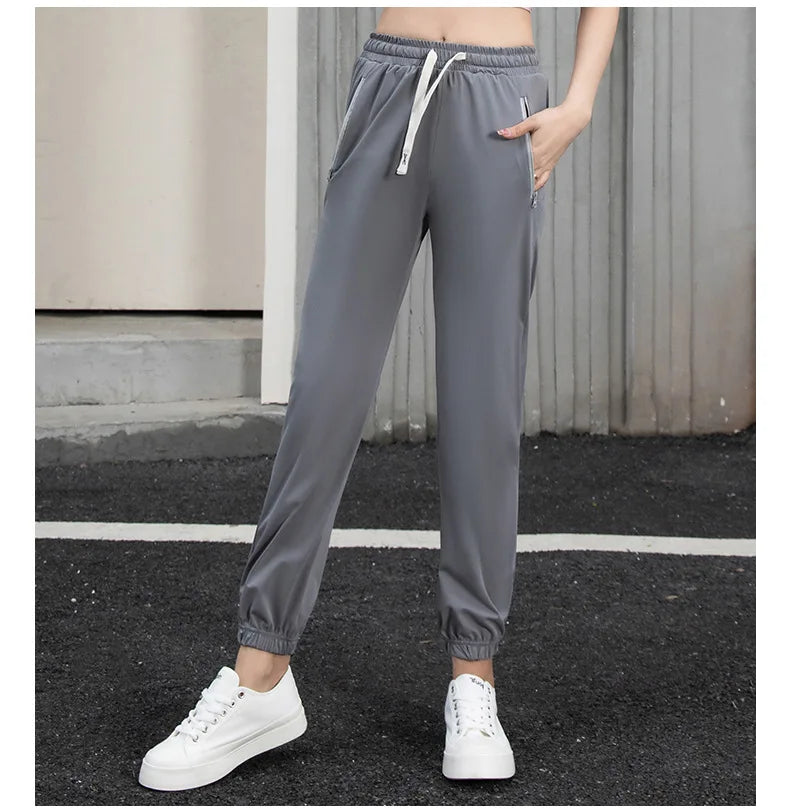 Women Pants Ice Silk High Waist Casual Ankle-Length Trousers Elastic Waist Soft Lightweight Quick-drying Sunscreen Trousers