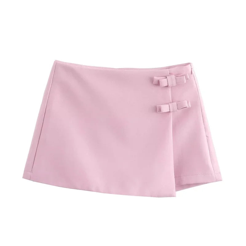 TRAF 2024 Pink White Mini Skirt Woman Fashion Bow Skort For Women Summer Slit Short Skirt Woman Split High Waist Skirt Shorts