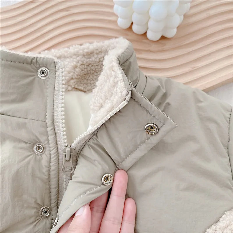 0-6Yrs Children Girls Laml Wool Stitching Coat Warm Autumn Girls Plus Velvet Jackets Winter Kids Clothing Outfits