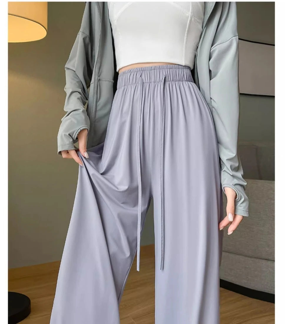 Summer High Waisted Wide Leg Pants Thin Sun Protection Elastic Waist Ice Silk Cool Quick Drying Casual Trousers Women Clothing