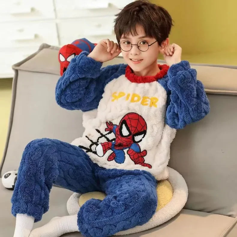 Winter Disney Children Clothing Boys Sleepwear Set Flannel Thick Long Sleeve Warm Set Pajamas Two Pieces Kids Clothes Spiderman