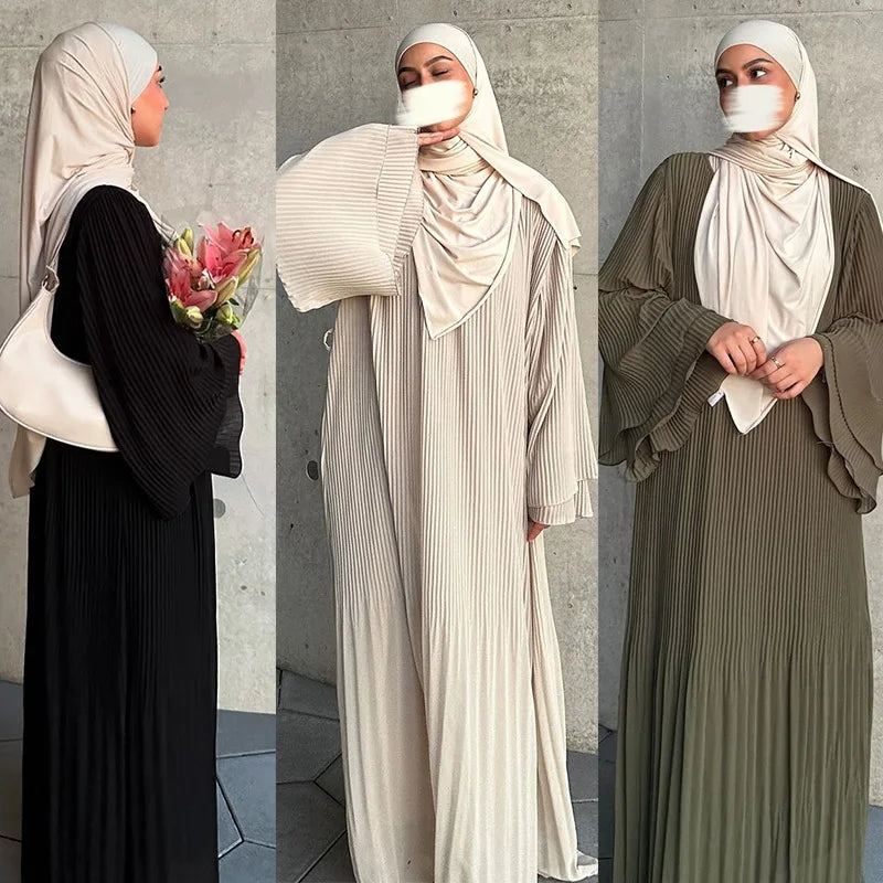 Fashion Women Pleated Muslim Dresses 2024 Spring Autumn Kaftan Long Sleeve Maxi Vestidos Casual Solid Loose Party Robe Vestidos