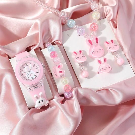 New Rabbit Patter Children Watches Jewelry Set Necklace Earrings Ring Bracelet Gifts for Girls Kids Student 6 pcs Clock