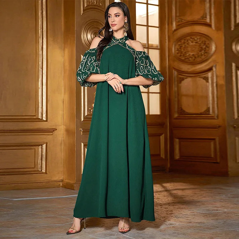 Fashion Embroidery Cold Shoulder Abaya Long Dress for Women Kaftan African Dresses Evening Femme Vestidos Islamic Clothing Party