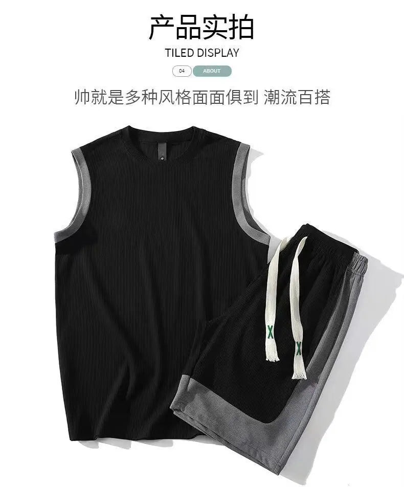 2 pcs Suit Summer Sleeveless Vest Sports Shorts Set Patchwork Casual Basketball Sportwears Breathable Loose Training Shorts Set