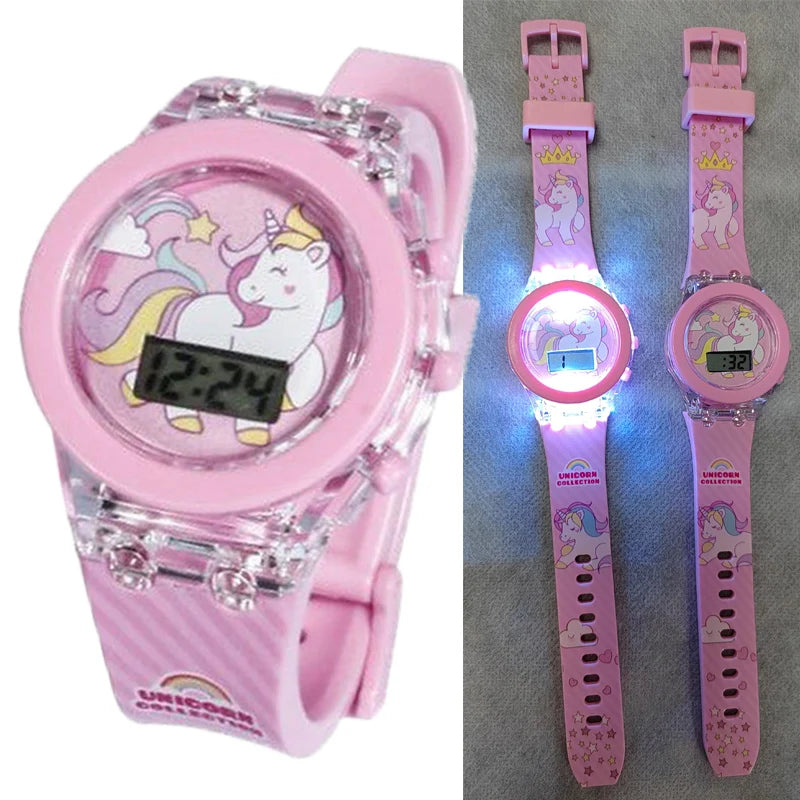 Girls Kids Children Cartoon Unicorn Collection Digital Electronic Flash Glow Up Light Colourful Birthday Party Gifts Watches