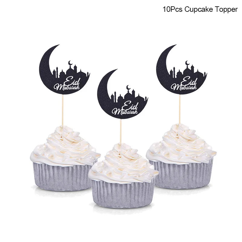 Golden Eid Mubarak Acrylic Cake Toppers Castle Moon CupCake Topper for Ramadan Islamic Muslim Festival Party Cake DIY Decoration