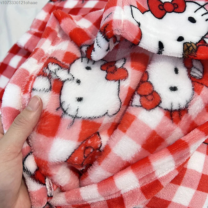 Sanrio Hello Kitty Home Clothes Red Plaid Plush Top Pullover Pants Women 2 Piece Set Cartoon Soft Flannel Cute Pajamas Suit Y2k