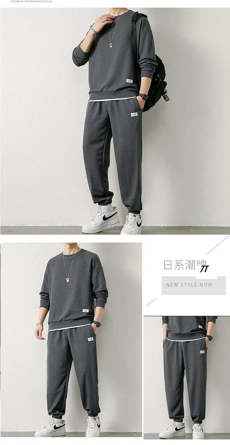 Spring Autumn New Men Waffle Two-Piece Casual Loose Long Sleeve and Pants O Neck Solid Color Pullover+outdoor Running Pants Set