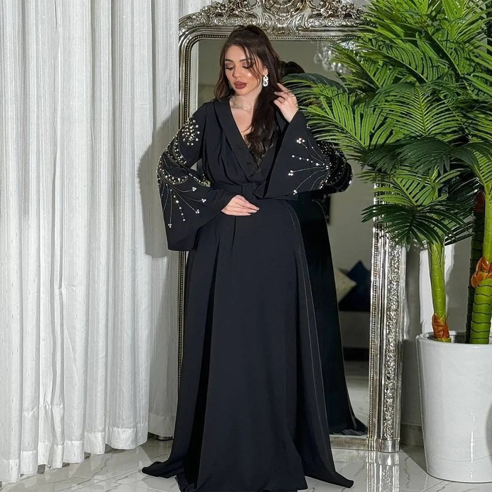 Abaya Dubai Islamic Dress for Woman Jalabiya Evening Party Fashion Diamonds Belted Shiny Muslim Turkish Clothing Lace Up Dresses