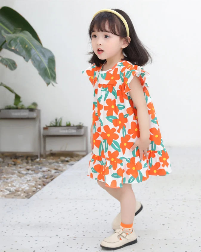 Girl Dresses100% Cotton Children's Clothing Summer Kids Clothes Girls Party Princess Fashion Outfit Flower Pattern Beach Dresses