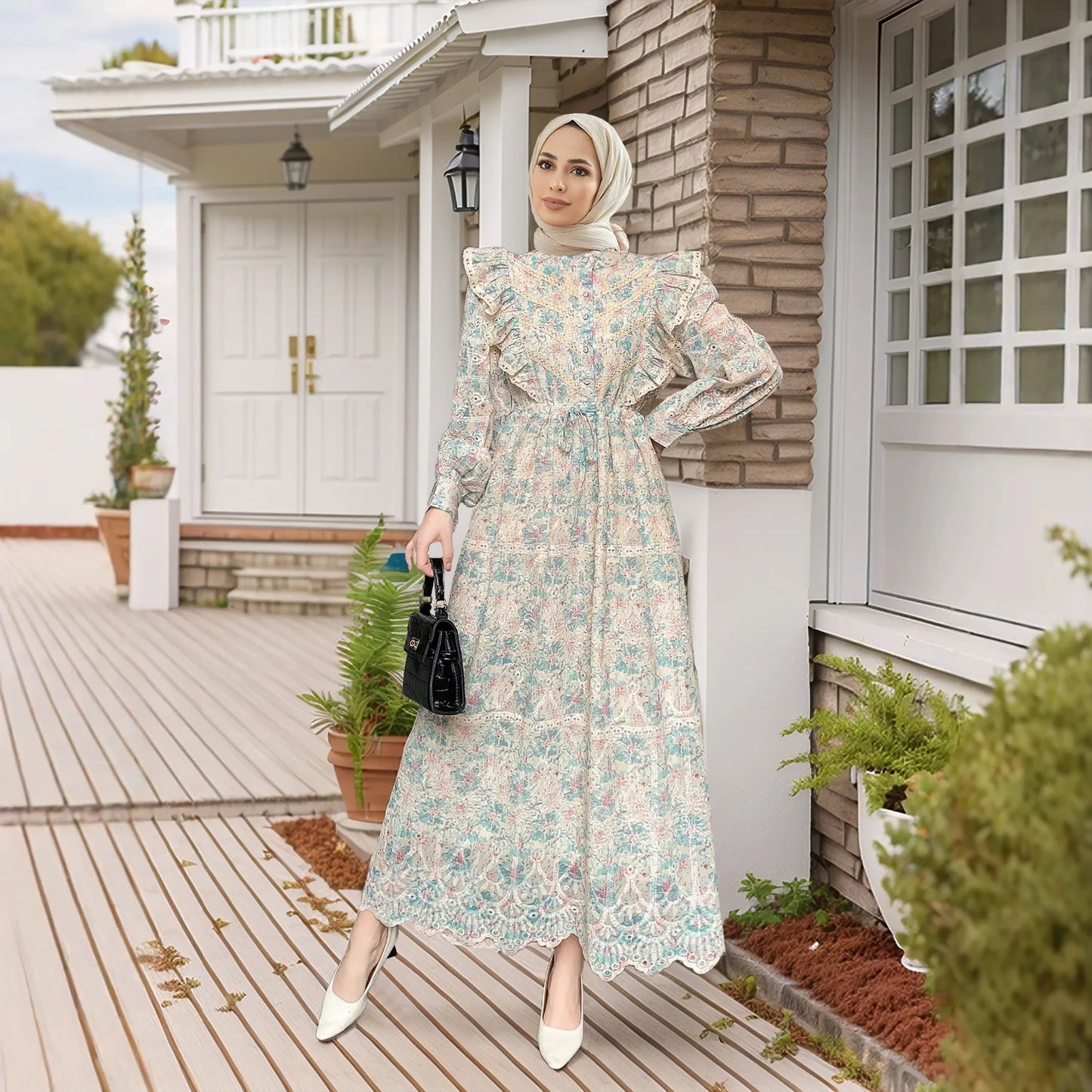 Abaya Elegant Ethnic Print Maxi Dress For Women Spring Autumn 2024 Muslim Jalabiya Dubai Turkey Moroccan Caftan Femme Clothes