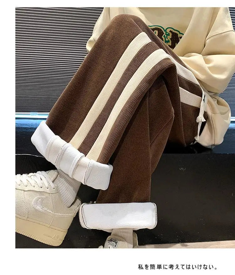 Fleece Thicken Corduroy Wide-leg Pants Men's Harajuku High Street Side Stripes Pants Casual Straight Elastic Waist Sweatpants