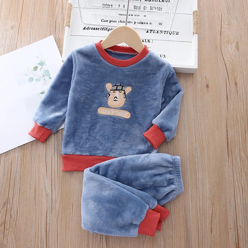 Autumn Winter Clothes Warm Kids Loungewear Suit Baby Girls Boys Velvet Cartoon Tops+Pant Children Homewear Set 1-6Years Kids Set