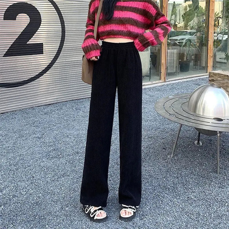 Women Autumn Winter Wide-Leg Pants High-Waist Casual Drape Loose Straight Pants Fleece Elastic Waist Fashion Mopping Pants